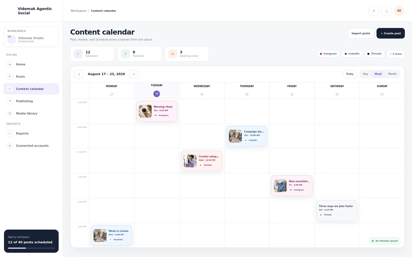 Videmak calendar preview with a weekly schedule, post previews, and publishing status